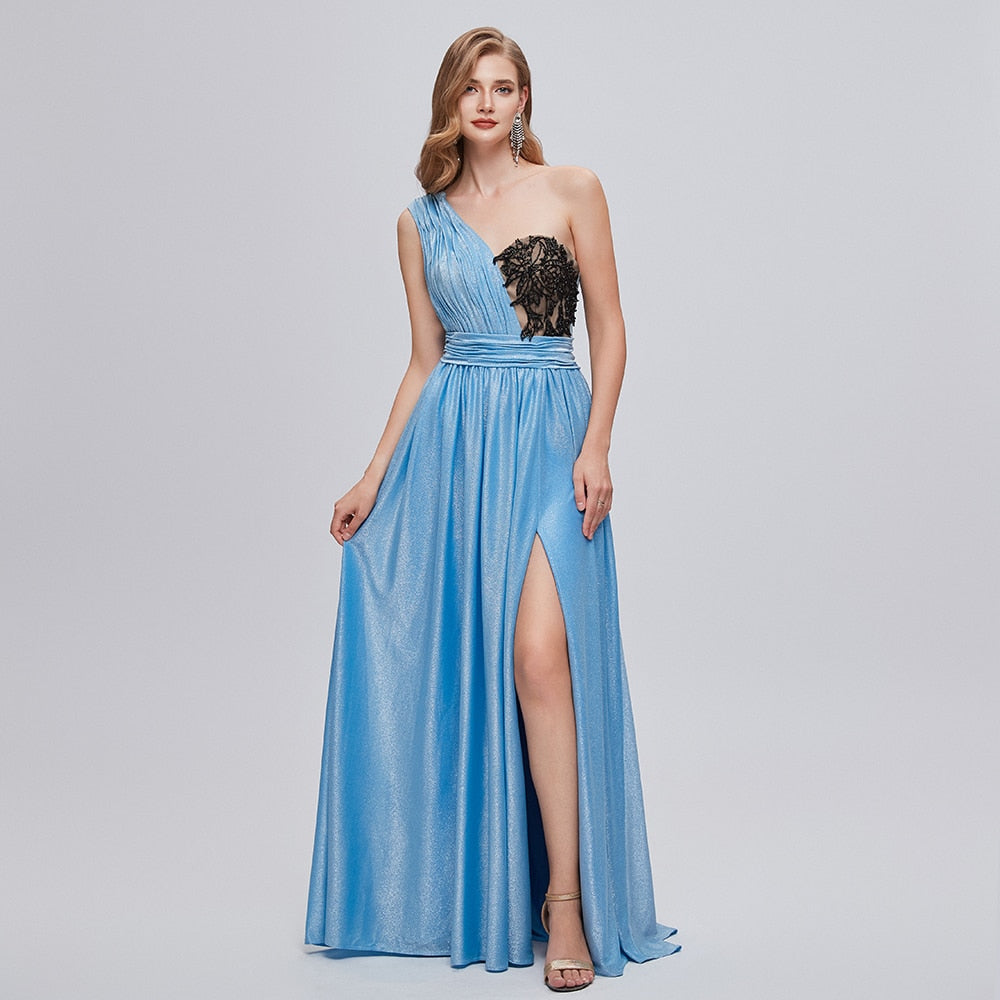 Women's Polyester One-Shoulder Pleated Party Evening Dress