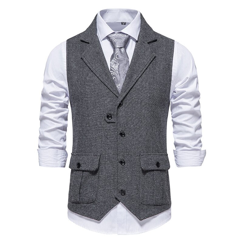 Men's Polyester Herringbone Tweed Gentleman Formal Suit Vest