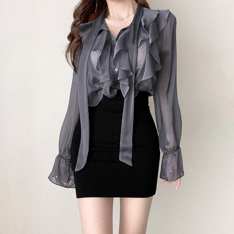 Women's V-Neck Ruffles Flare Sleeves Single Breasted Blouse