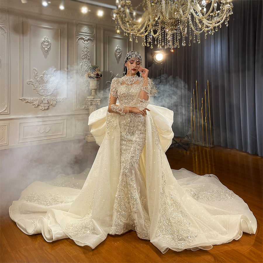 Women's High Neck Full Sleeves Sweep Train Bridal Wedding Dress