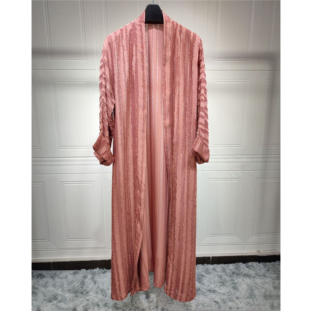 Women's Arabian Polyester Full Sleeves Striped Elegant Open Abaya