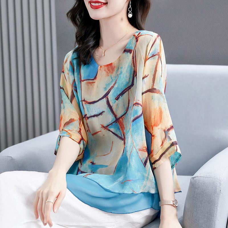 Women's O-Neck Vintage Printed Quarter Sleeves Chiffon Blouse