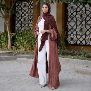 Women's Arabian Polyester Full Sleeves Striped Elegant Open Abaya