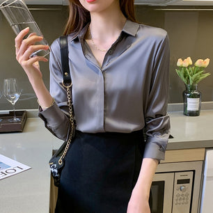 Women's Silk Turn-Down Collar Long Sleeve Plain Pattern Blouse