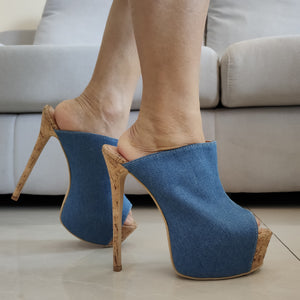 Women's Denim Peep Toe Solid Pattern Thin High Heel Party Shoes