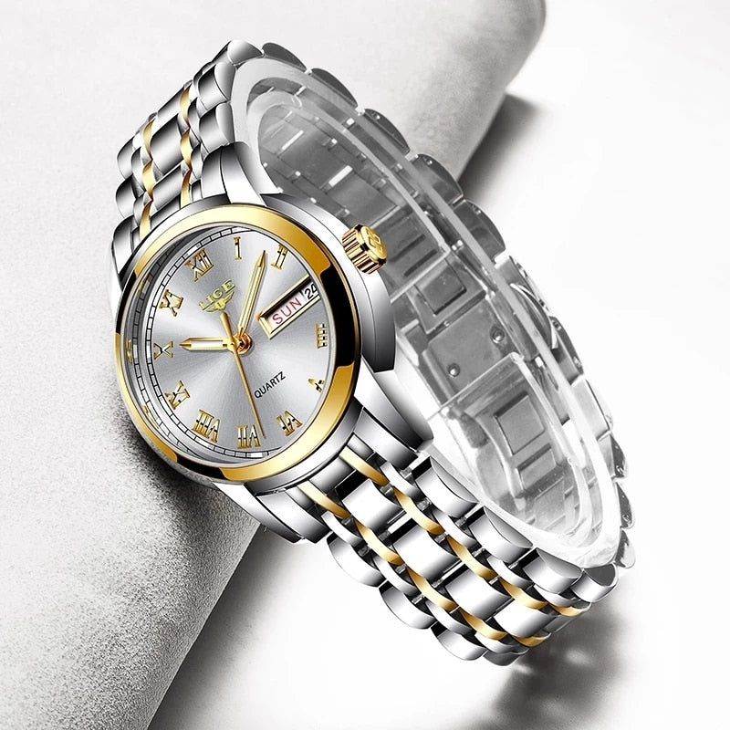 Women's Stainless Steel Push Button Hidden Clasp Waterproof Watch