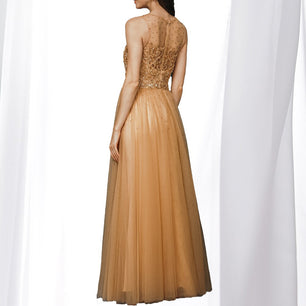 Women's O-Neck Polyester Sleeveless Beaded Formal Gown Dress