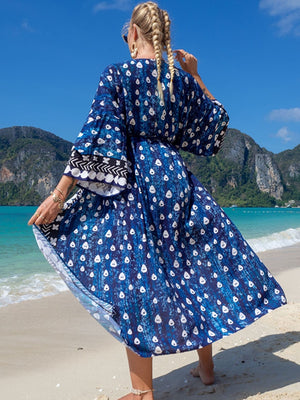 Women's Rayon Front Open Dotted Print Kaftan Beachwear Cover Up