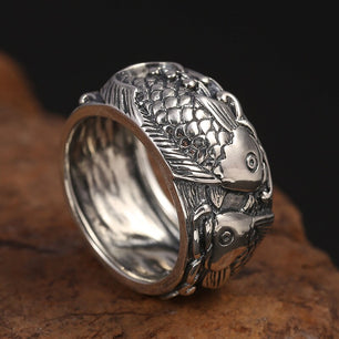 Men's 100% 925 Sterling Silver Fish Pattern Ethnic Elegant Ring