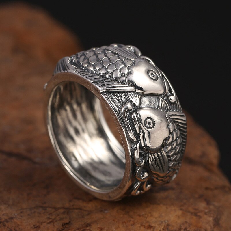 Men's 100% 925 Sterling Silver Fish Pattern Ethnic Elegant Ring