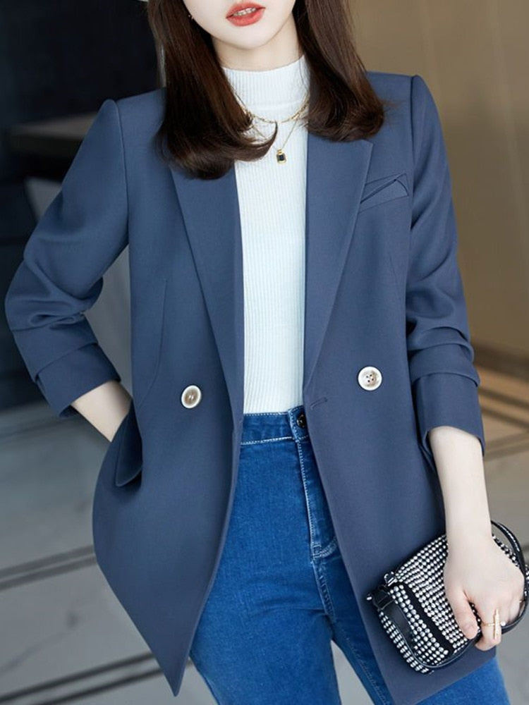 Women's Notched Collar Full Sleeves Double Breasted Solid Blazers