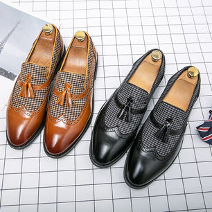 Men's PU Leather Pointed Toe Slip-On Closure Plaid Casual Shoes