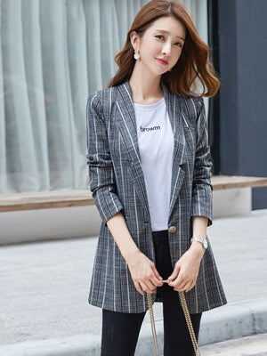 Women's Cotton Notched Collar Long Sleeves Single Button Blazer