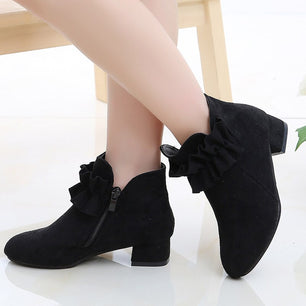 Kid's Girl Flock Square Heels Pointed Toe Zipper Closure Shoes