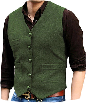 Men's Wool V-Neck Sleeveless Plain Single Breasted Formal Vests