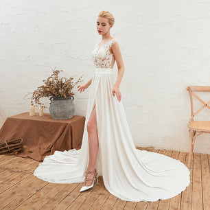 Women's V-Neck Chiffon Sleeveless Sexy Side Slit Wedding Dress