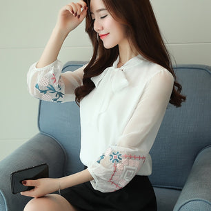 Women's Bow Embroidery Chiffon Quarter Sleeves Vintage Blouse