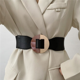 Women's PU Leather Alloy Round Buckle Elastic Waistbands Belts