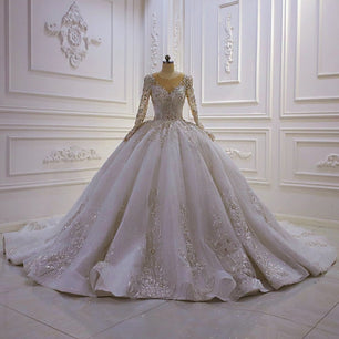 Women's V-Neck Full Sleeves Court Train Bridal Wedding Dress