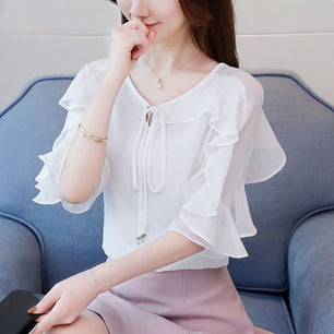 Women's V-Neck Flying Drawstring Short Sleeves Chiffon Blouse