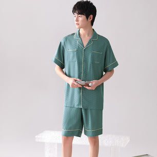 Men's Rayon Short Sleeve Turn Down Collar Geometric Sleepwear Set
