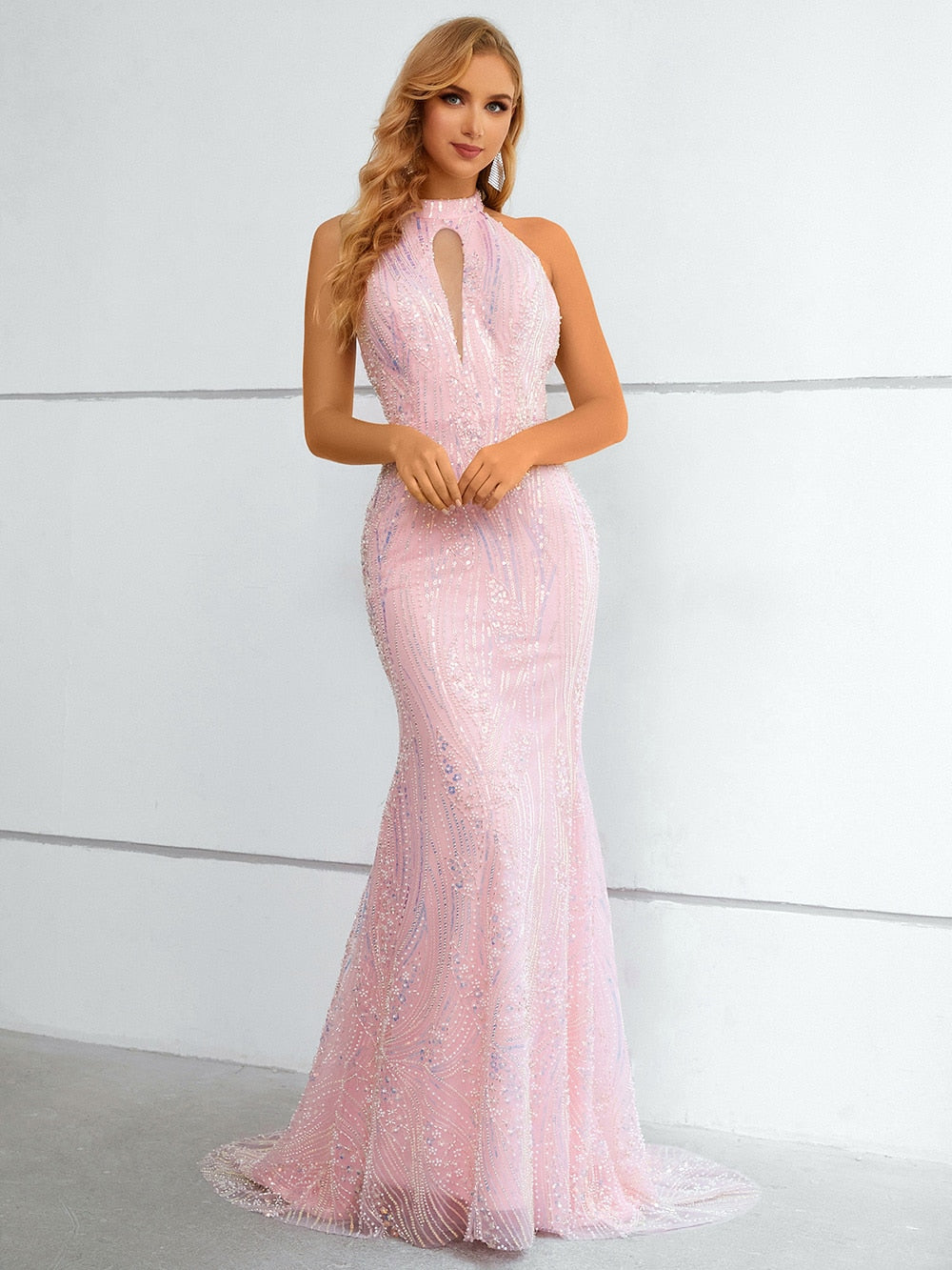 Women's Halter Neck Sleeveless Rhinestone Pattern Mermaid Dress