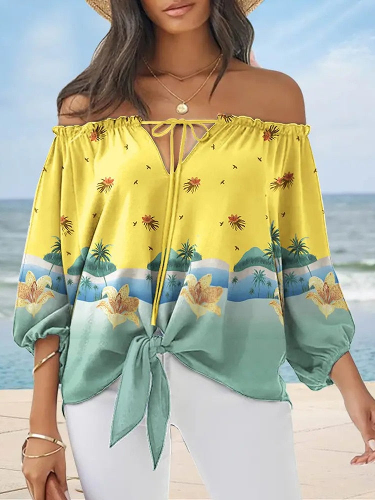 Women's Cotton Off-Shoulder Pullover Closure Elegant Printed Tops