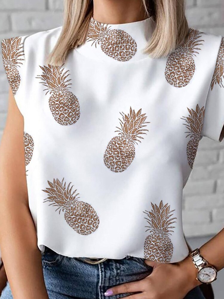 Women's O-Neck Polyester Short Sleeve Pullover Slim Print Blouses