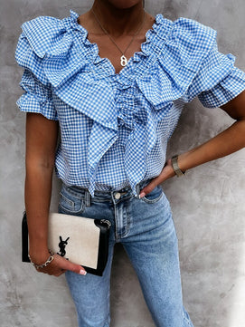 Women's V-Neck Short Sleeves Ruffle Pattern Plaid Vintage Blouses