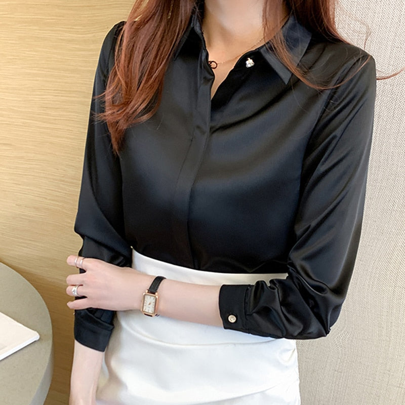 Women's Silk Turn-Down Collar Long Sleeve Plain Pattern Blouse