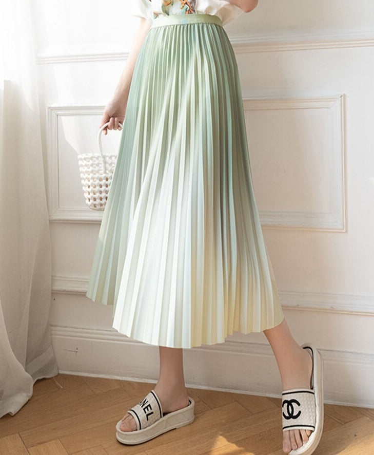 Women's Polyester Mid-Calf High Waist Pleated Casual Plain Skirt