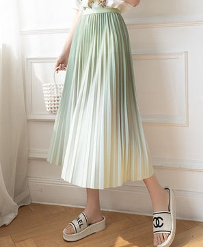 Women's Polyester Mid-Calf High Waist Pleated Casual Plain Skirt