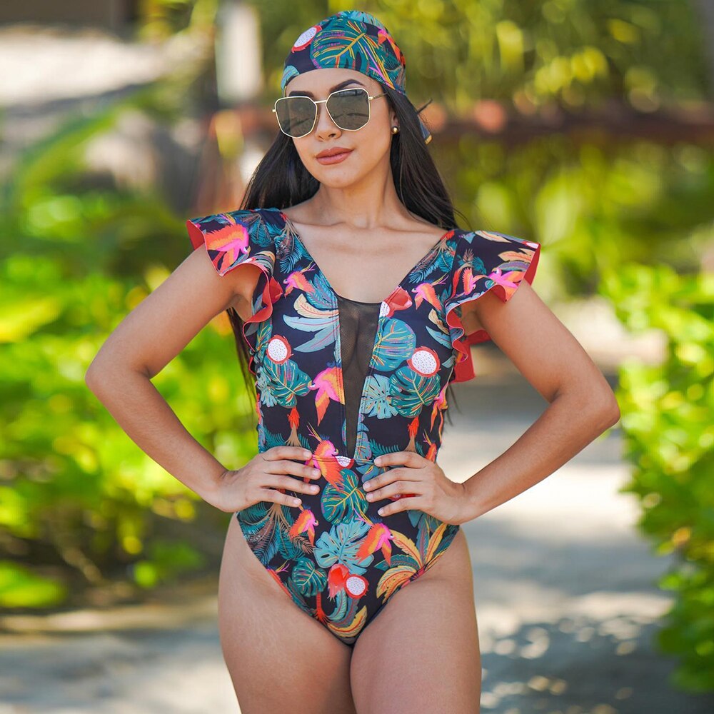 Women's Spandex V-Neck Floral Pattern Elegant One-Piece Swimwear