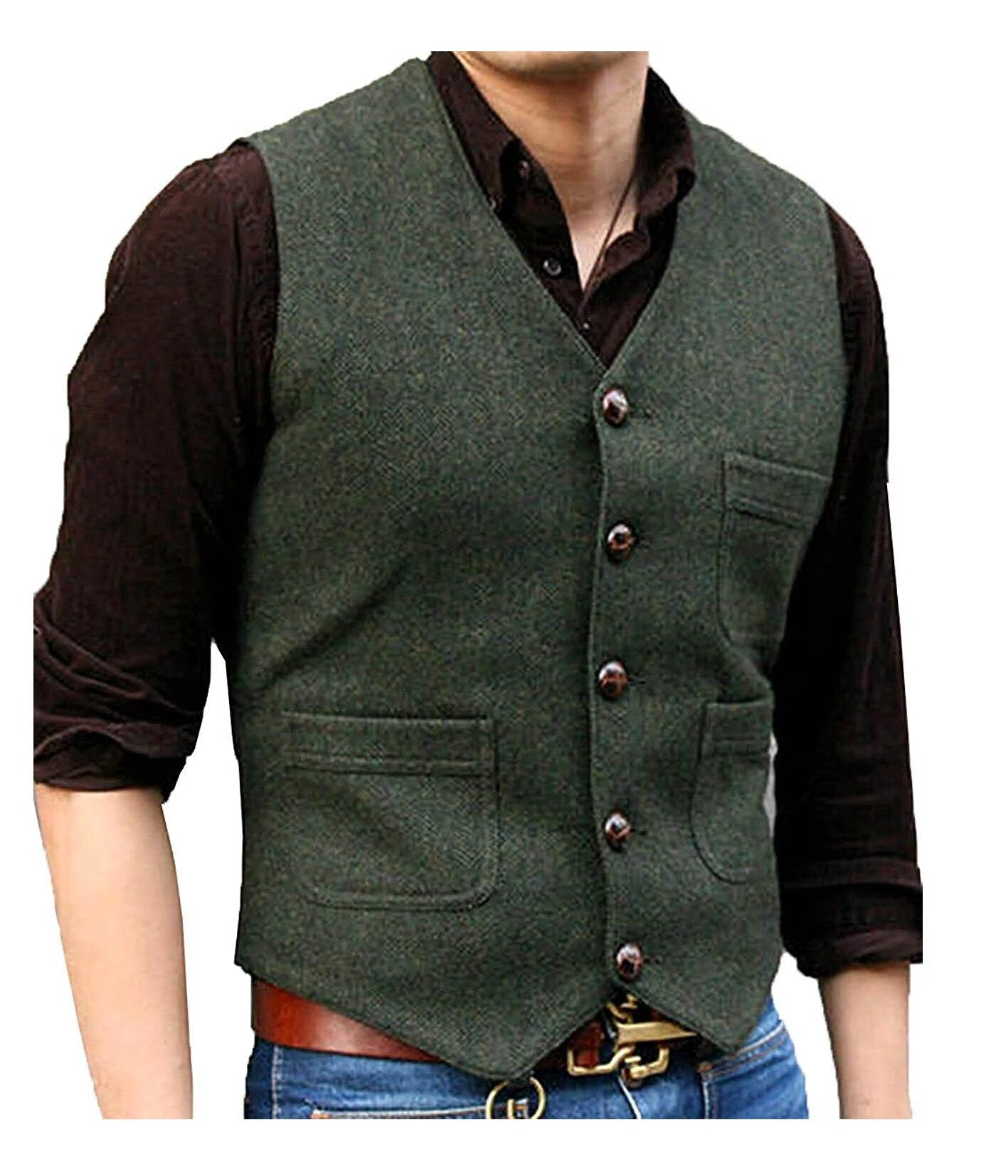 Men's Wool V-Neck Sleeveless Plain Single Breasted Formal Vests