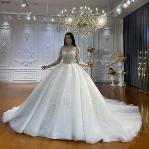 Women's V-Neck Full Sleeves Court Train Bridal Wedding Dress