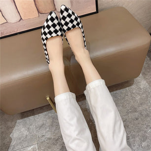 Women's Mesh Pointed Toe Slip On Closure Plaid Casual Shoes