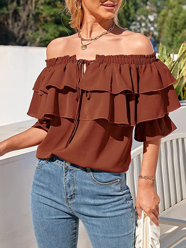 Women's Off-Shoulder Ruffle Pattern Vintage Loose Blouse