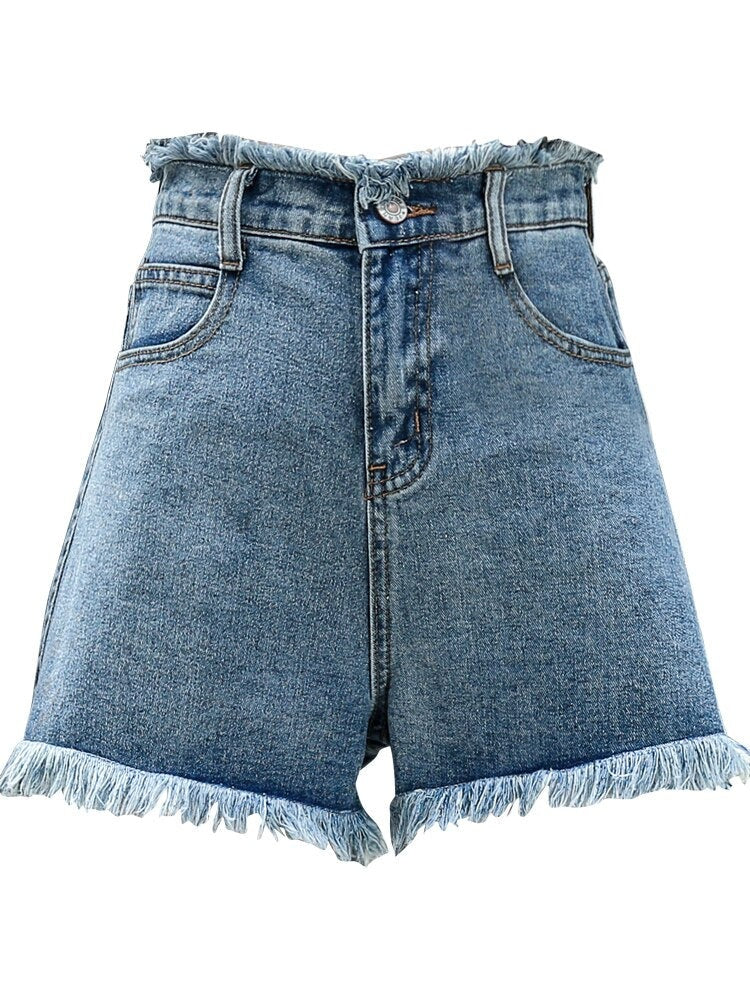 Women's High Waist Solid Zipper Fly Closure Denim Jeans Shorts