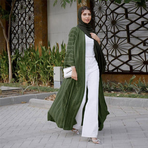 Women's Arabian Polyester Full Sleeves Striped Elegant Open Abaya