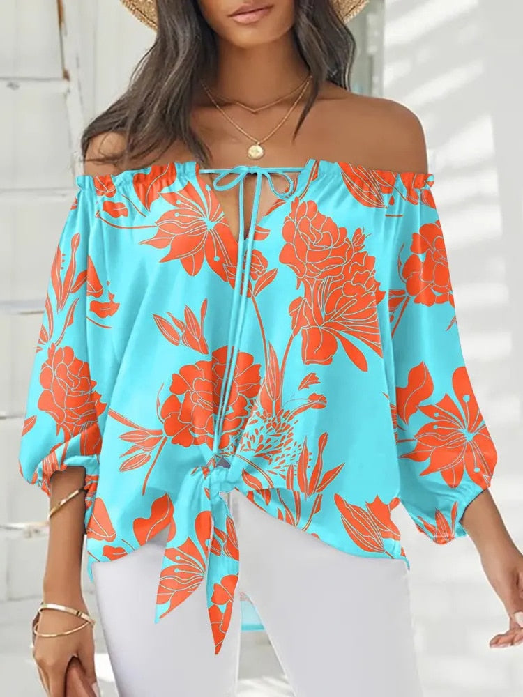 Women's Cotton Off-Shoulder Pullover Closure Elegant Printed Tops