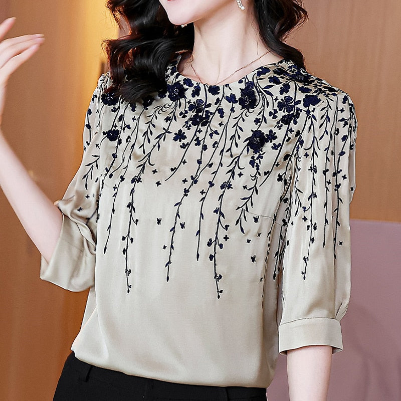 Women's O-Neck Polyester Full Sleeves Embroidery Print Blouse