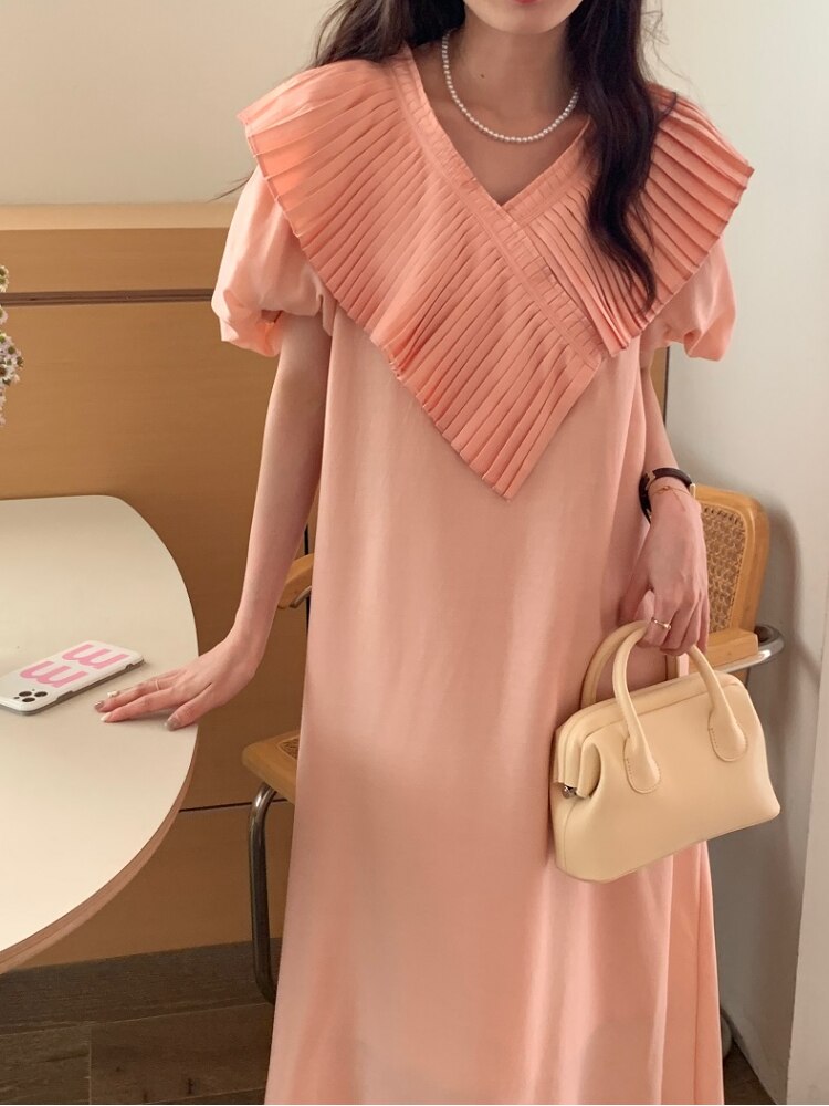 Women's V-Neck Polyester Short Sleeves Pullover Pleated Dress