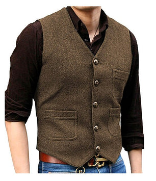 Men's Wool V-Neck Sleeveless Plain Single Breasted Formal Vests