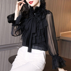 Women's Ruffled Bow Petal Full Sleeve Solid Blended Blouses