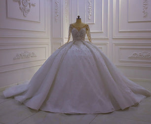 Women's O-Neck Full Sleeves Court Train Bridal Wedding Dress