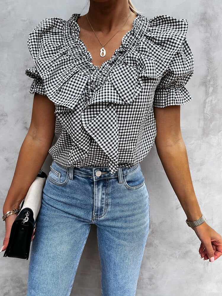 Women's V-Neck Short Sleeves Ruffle Pattern Plaid Vintage Blouses