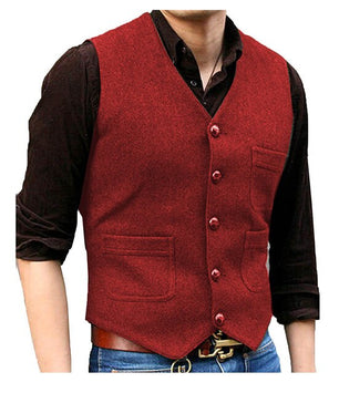 Men's Wool V-Neck Sleeveless Plain Single Breasted Formal Vests