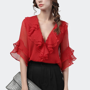 Women's Deep V-Neck Full Sleeve Solid Ruffle Chiffon Blouses