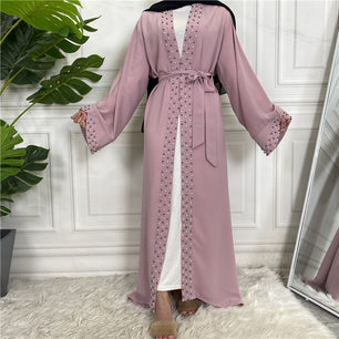 Women's Arabian V-Neck Polyester Full Sleeve Pearl Pattern Abaya