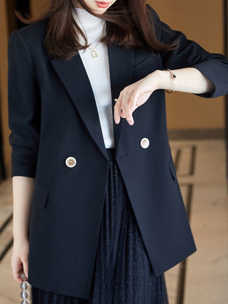 Women's Notched Collar Full Sleeves Double Breasted Solid Blazers